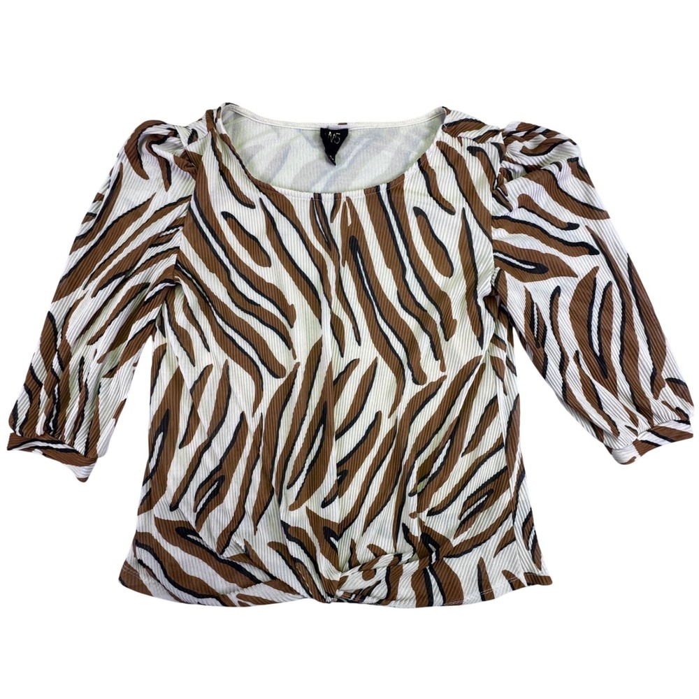 W5 Shirt Blouse Women's Small Zebra Puff Sleeve Plisse Brown White Mob‎ Wife